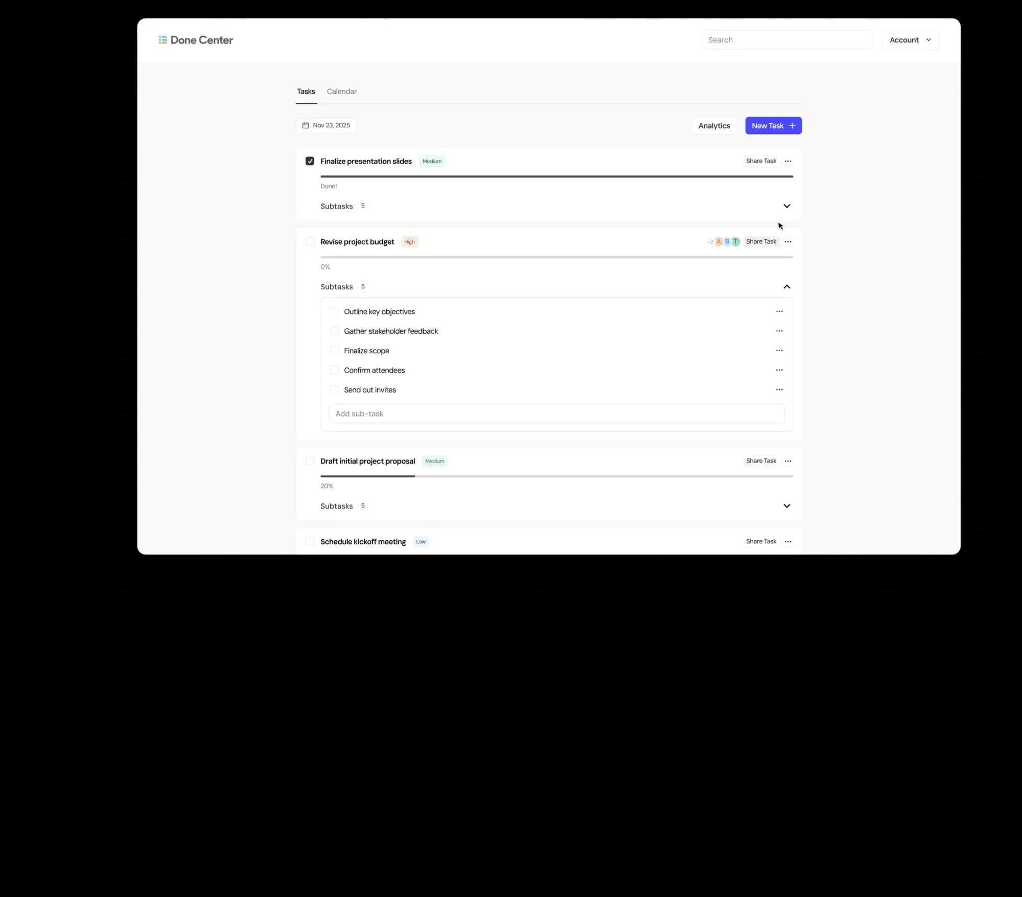 Done Center task list with progress bars, priorities, shared avatars and an expanded list of subtasks